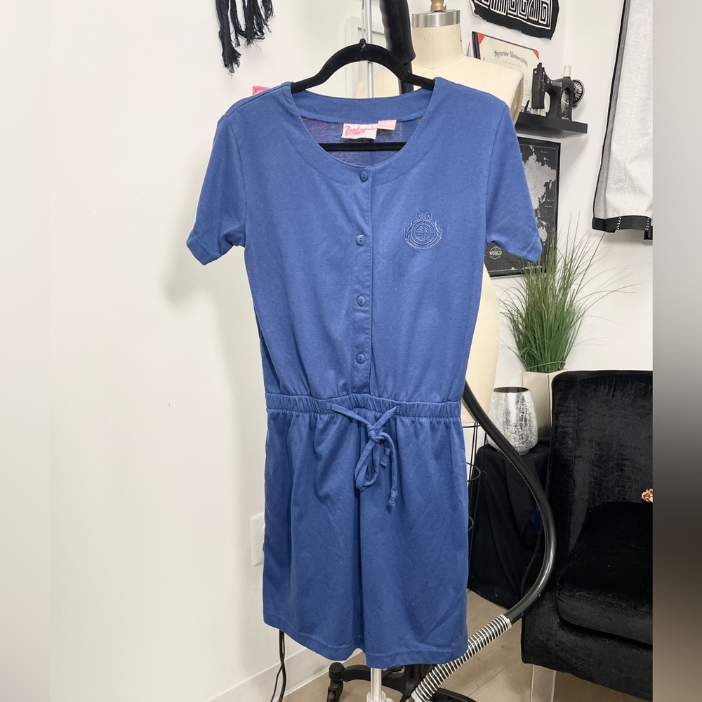 Vintage blue romper playsuit with embroidery, button, tie waist